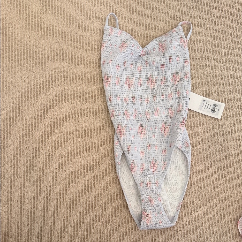 LoveShackFancy Light Blue One-Piece with Pink Floral Print